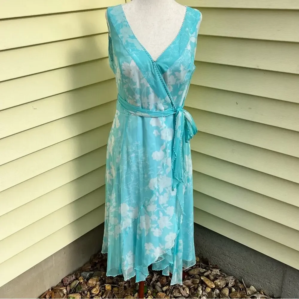 ICE Blue Silk Floral Wrap Dress Pearls Romantic Vintage Y2K Tie Women's Small
